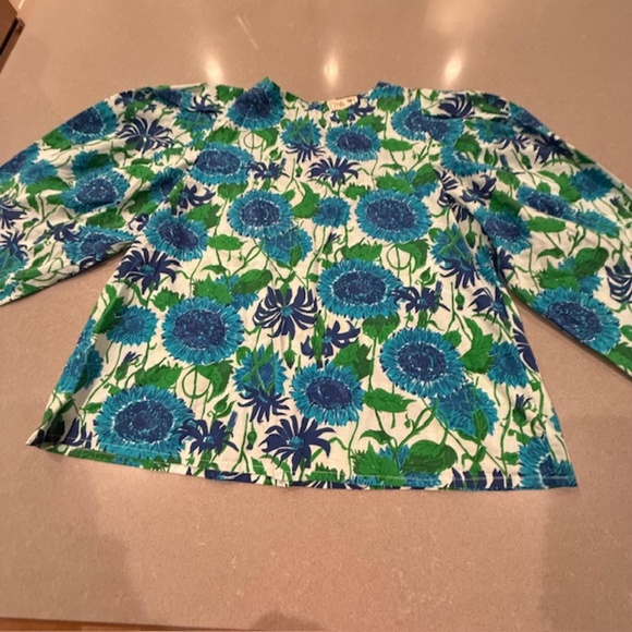 Women MILLE Cornflower Daisy Blue & Green Puffed Sleeves XL Blouse 100% Cotton - Picture 10 of 11